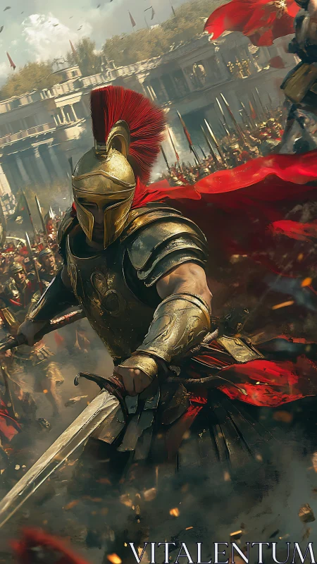 Armored hoplite advancing through dense battlefield lines.