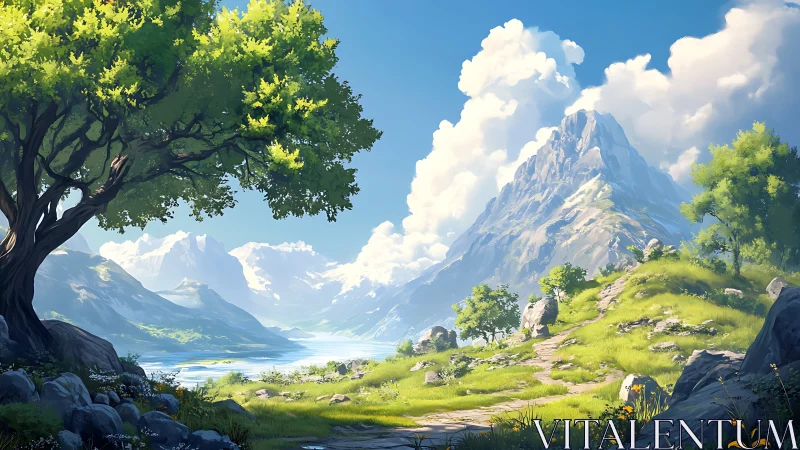 Sunlit valley path below distant snowcapped mountains.