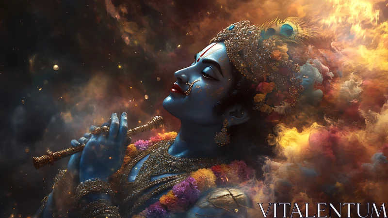Divine blue deity plays flute within swirling cosmic clouds