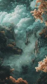 Vertical mist valley with teal clouds and amber foliage glows