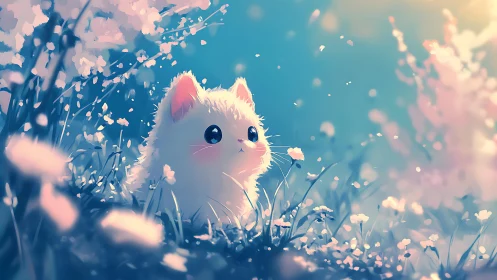 Fluffy white kitten exploring a dreamy spring meadow.