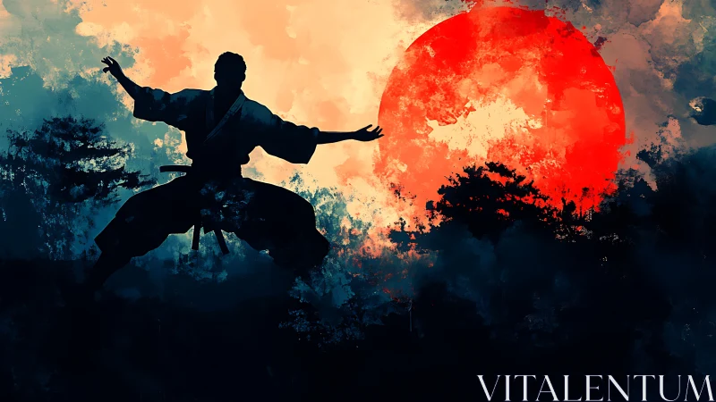 Silhouette of martial artist stands before large red sun