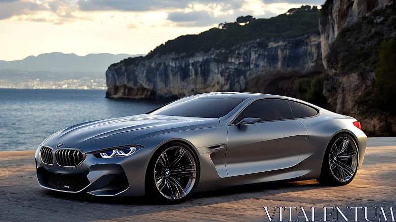 Coastal silver coupé prowls cliffs in sculpted twilight glow.