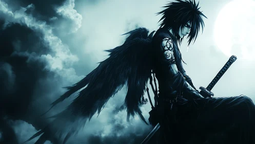 Nocturnal winged swordsman silhouetted against full moon sky