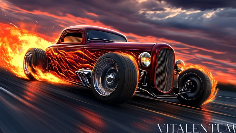 Flaming red hot rod races down highway at sunset sky.