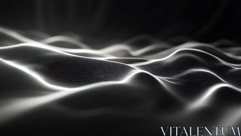 Glowing digital waves flow across a dark abstract landscape