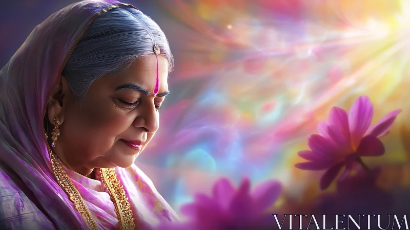 Elderly woman in prayerful serenity amid radiant light.