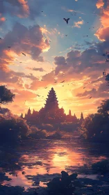 Tiered temple silhouette across reflective river at sunset.