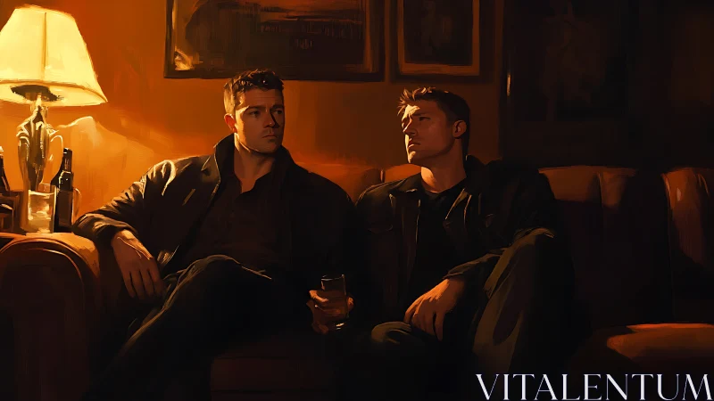 Two men on sofa in dimly lit interior with drinks.