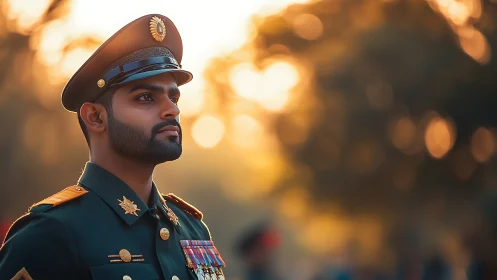 Decorated military officer under warm sunset bokeh light.