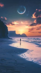 Solitary figure on surreal twilight beach under crescent moon.