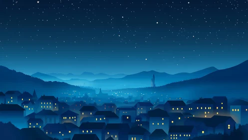 Softly glowing hillside town under a deep midnight sky.