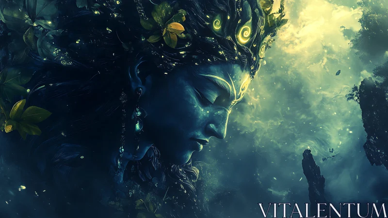 Dreaming sky goddess resting between leaves and starlight.