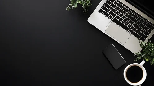 Photorealistic minimalist workspace with laptop and coffee mug.