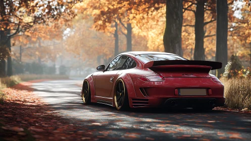 Wide-body red sports coupe on wet autumn forest road rendered