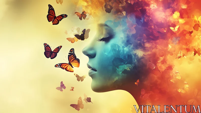 Profile silhouette in colorful butterfly cloud artwork.
