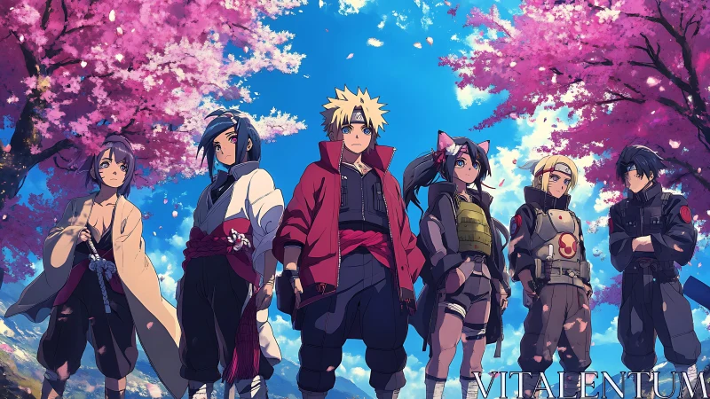 Anime ninja squad under sakura canopy in dynamic group pose