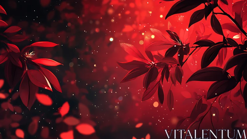 Scarlet foliage glowing against a dreamy bokeh nightscape.