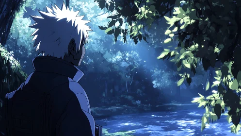 Quiet wanderer pauses beside a sunlit forest river