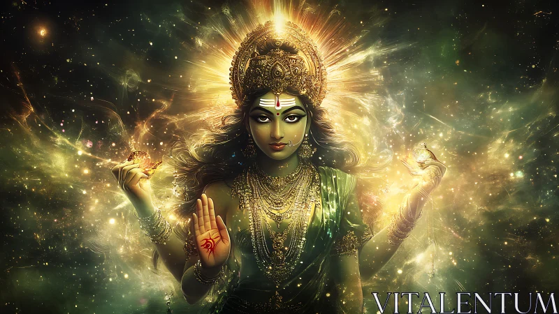 Cosmic goddess of starlit grace in swirling golden nebulae.