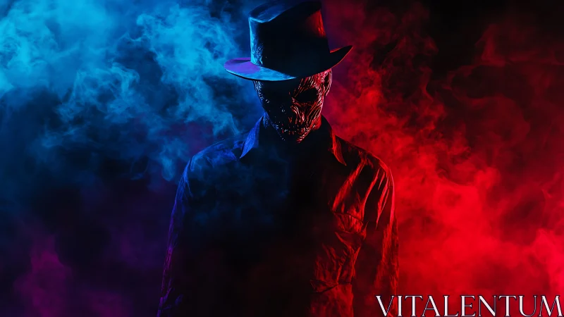 Smoke-scarred nightmare figure stalks through neon fog.