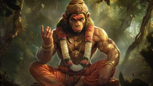 Anthropomorphic monkey figure sits adorned with ornaments