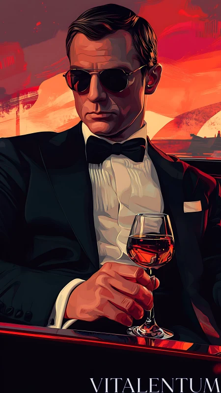 Stylish man in tuxedo with drink against vivid sunset.