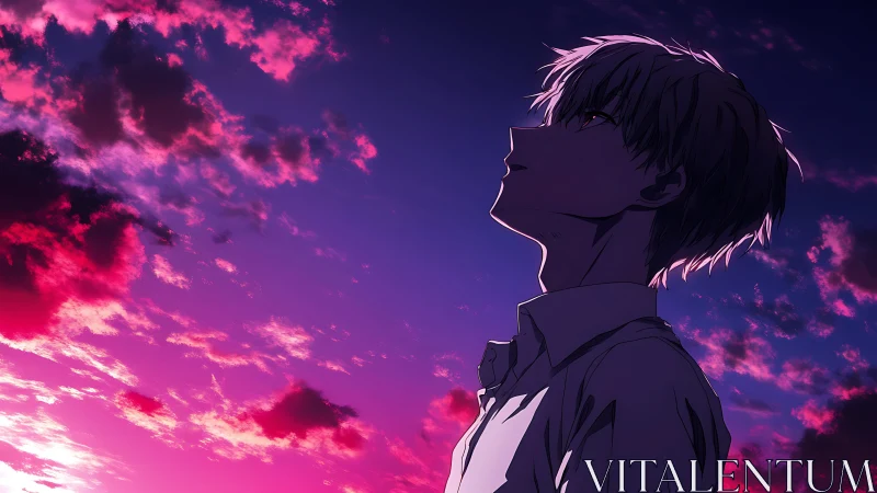 Silhouetted anime figure beneath magenta and violet sky.