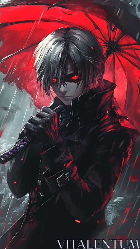 Crimson rainwalker with glowing eyes beneath a burning umbrella.