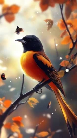 Digital oriole on branch amid glowing autumn butterflies.