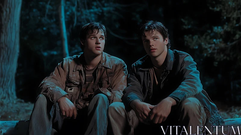 Two young men under cinematic blue night lighting outdoors.