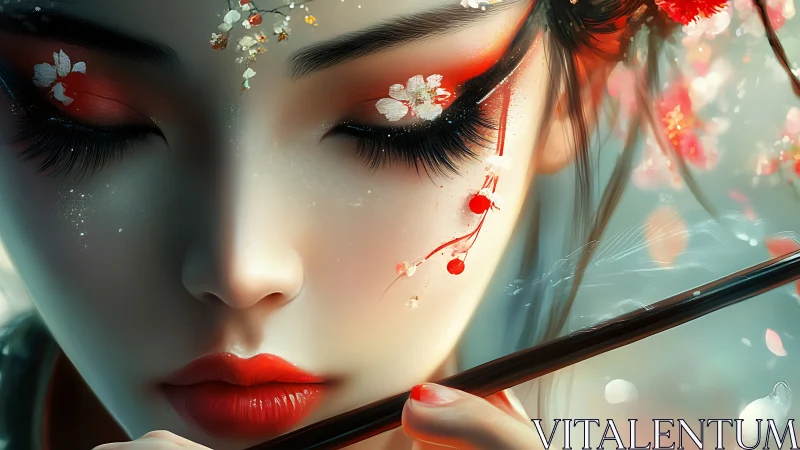 Digital portrait of stylized woman with floral red makeup.