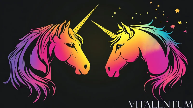 Neon twin unicorns trade starlit glances in cosmic glow.