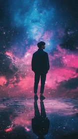 Solitary dreamer gazes into a vivid cosmic night sky.