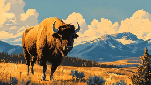 Majestic bison dominates stylized alpine grassland panorama
