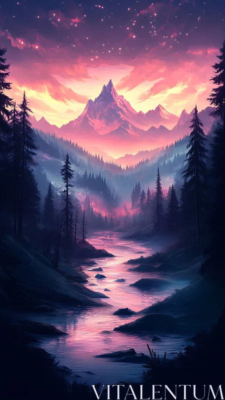 Luminous river flows toward glowing mountain under nebula sky