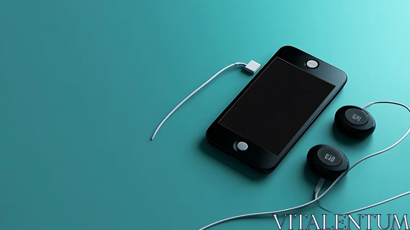 Sleek black media player with earbuds rests on teal surface