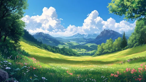 Summer mountain valley meadow under bright blue sky.