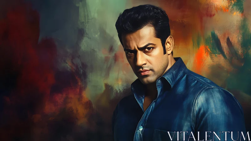 Stormy stare against a glowing painted backdrop.