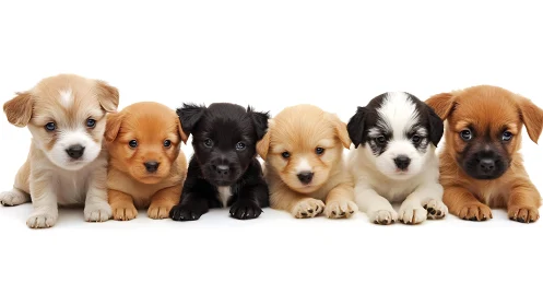 Row of small mixed-breed puppies lying on white background.