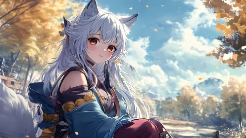 Fox-eared character sits outdoors in detailed autumn valley