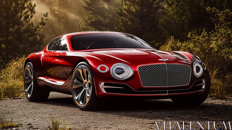 Crimson grand tourer coupe with reflective chrome detailing.