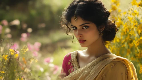 Elegant Woman in Traditional Sari Amid Vibrant Floral Garden Portrait.