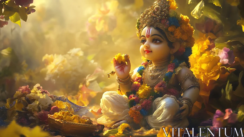 Golden light surrounds a serene baby deity in flower garlands