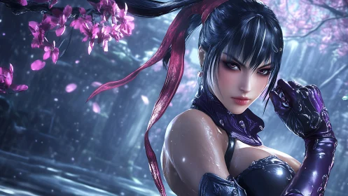 Fantasy female warrior in cherry blossom forest at night.