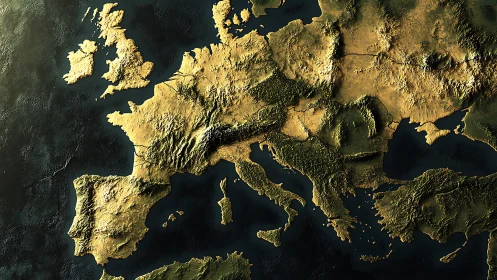 Elevated relief rendering of European continental landmass.