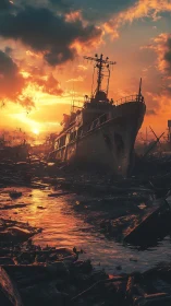 Decommissioned naval vessel grounded in debris at sunset.