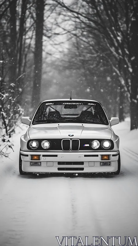 Classic BMW sports car stands poised on a snowy forest road.