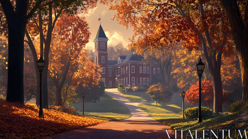 Autumn-lit collegiate hall framed by symmetrically arched trees