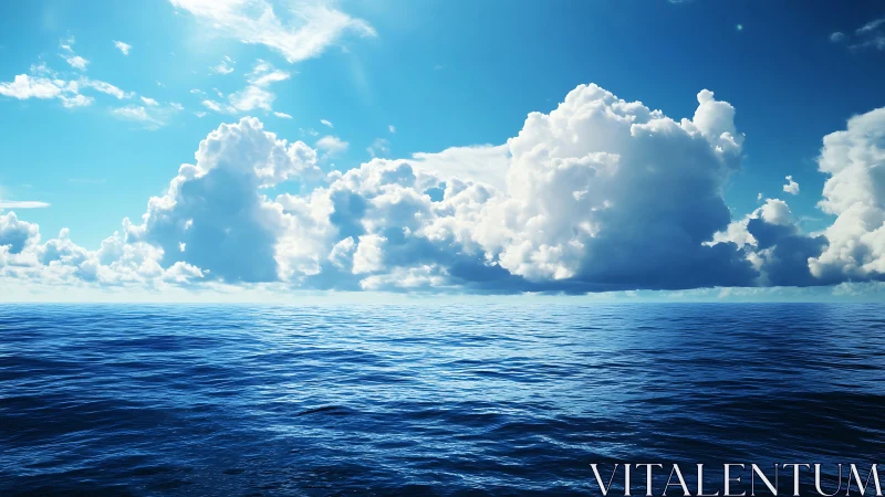 Open ocean horizon under cumulus cloud formations at noon.